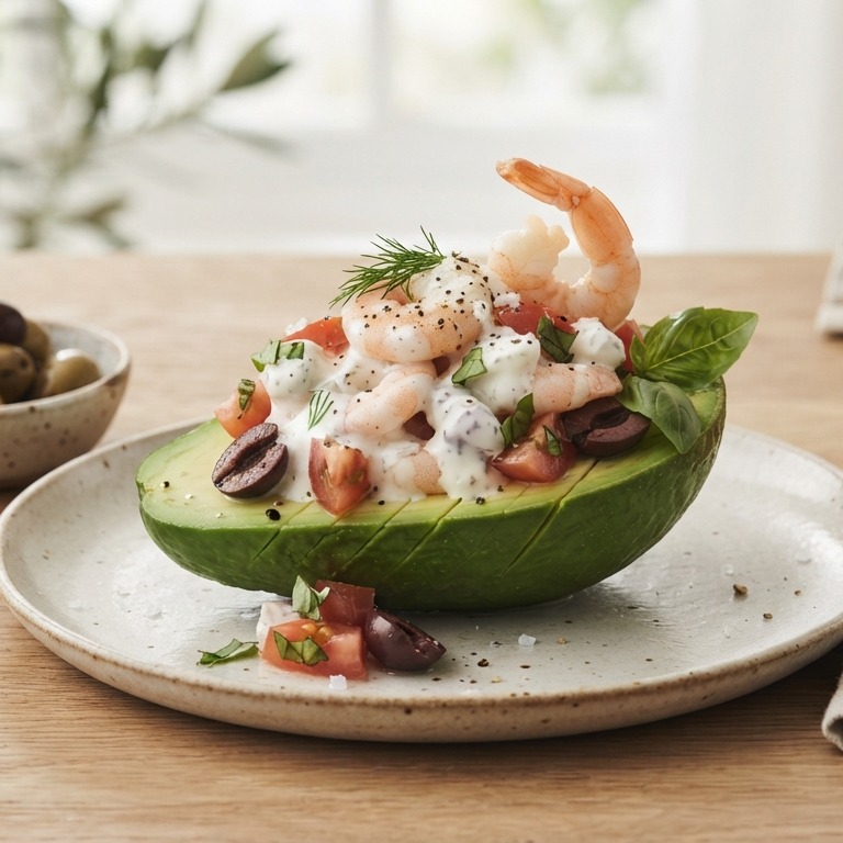 Gevulde avocado met garnalen, tomaat en yoghurt