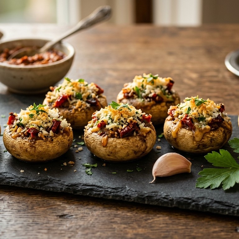 Gevulde champignons met rode pesto en zongedroogde tomaatjes