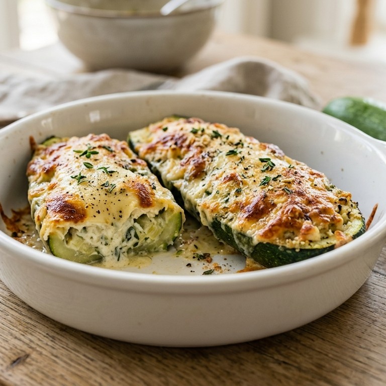 Gevulde courgette met creme fraiche en geraspte belegen kaas