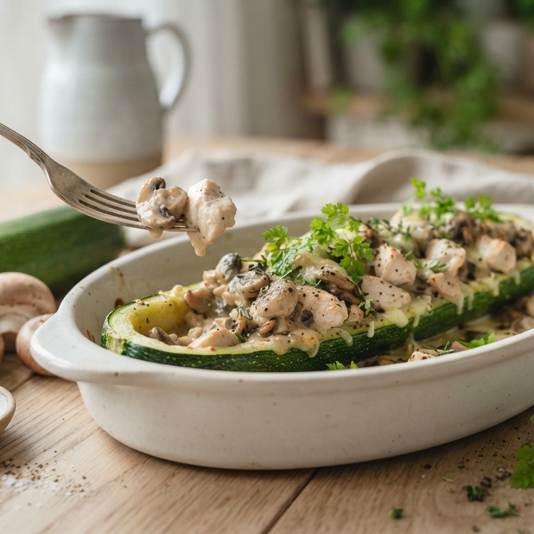 Gevulde courgette met kip en champignons