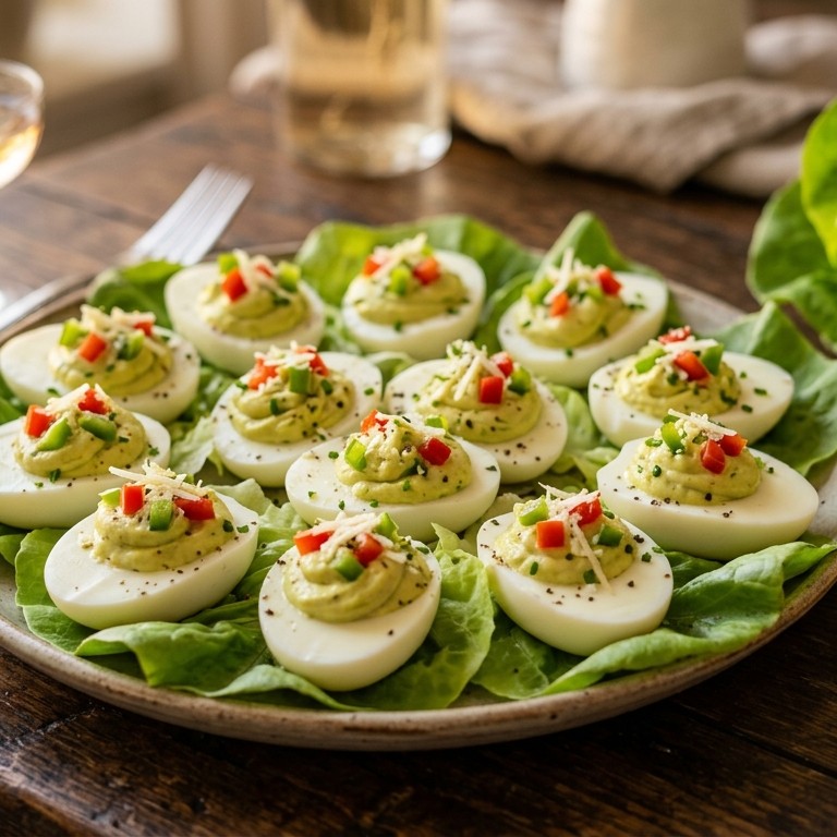 Gevulde eieren met avocado, paprika en Parmezaanse kaas