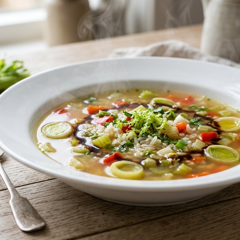 Gevulde groentesoep met prei, paprika en limoenrasp