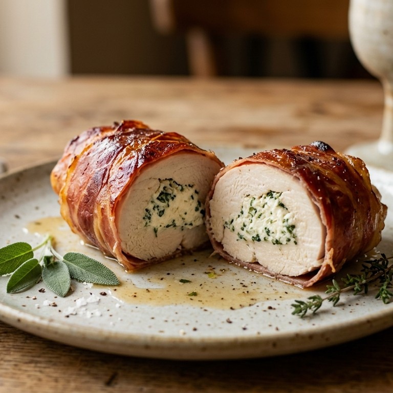 Gevulde kipfilet gewikkeld in parmaham