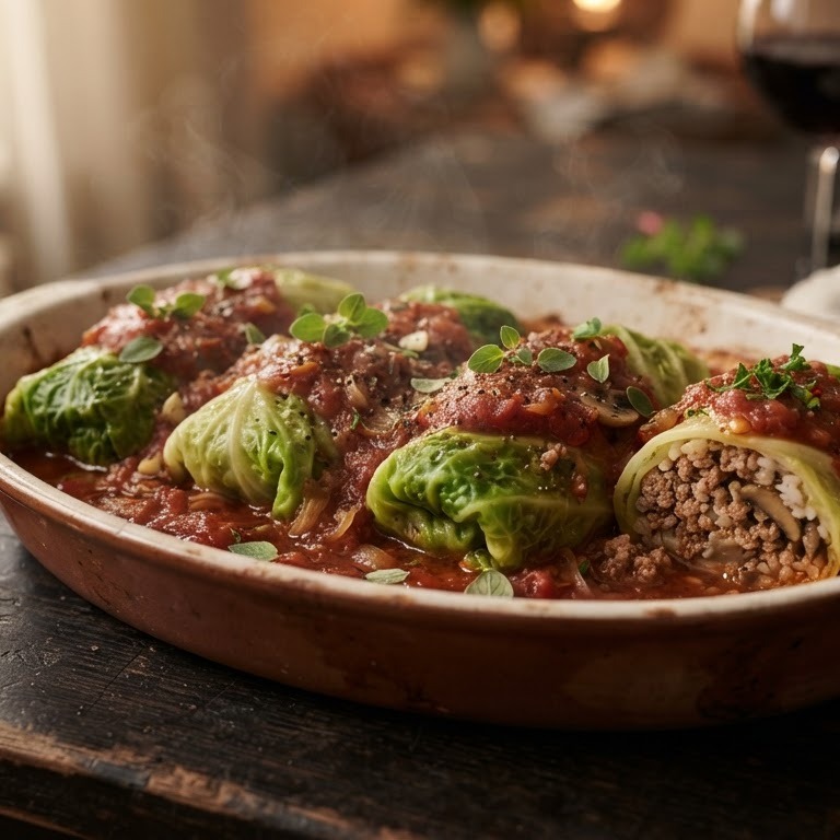 Gevulde koolrolletjes in tomatensaus