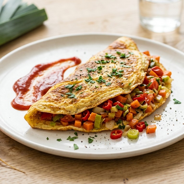 Gevulde omelet met rode peper, tomaat en wortel