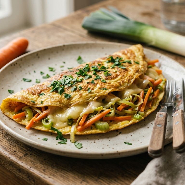 Gevulde omelet met soepgroenten en geraspte belegen kaas