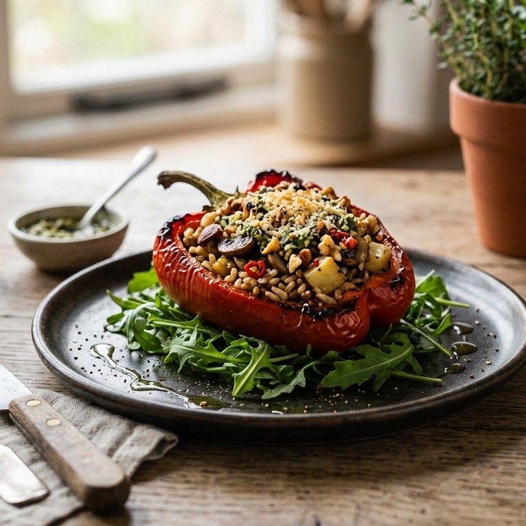 Gevulde paprika met bruine rijst, kastanje champignons, aardappel en pesto uit de oven