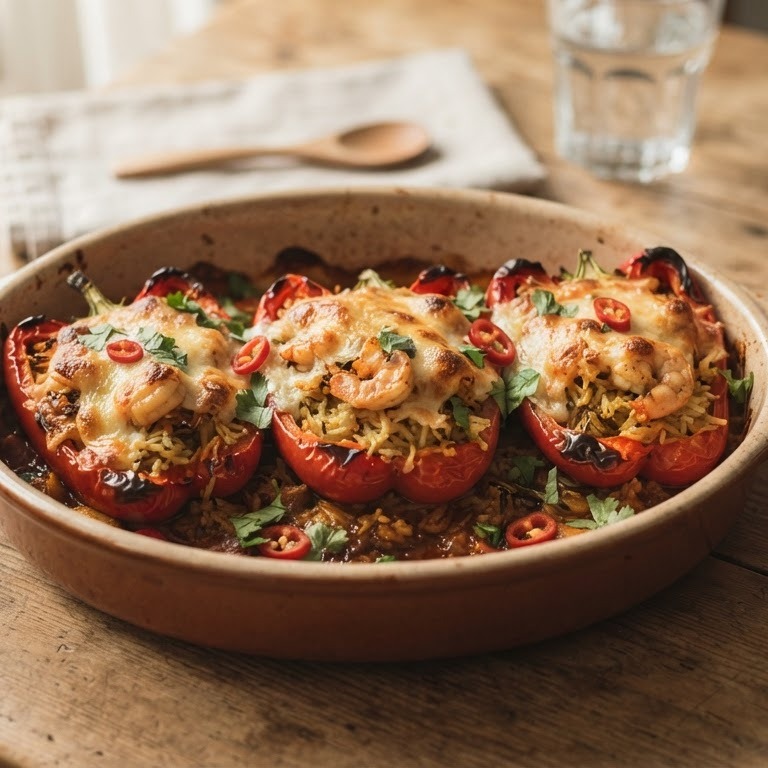 Gevulde paprika met gekruide pandanrijst en garnalen