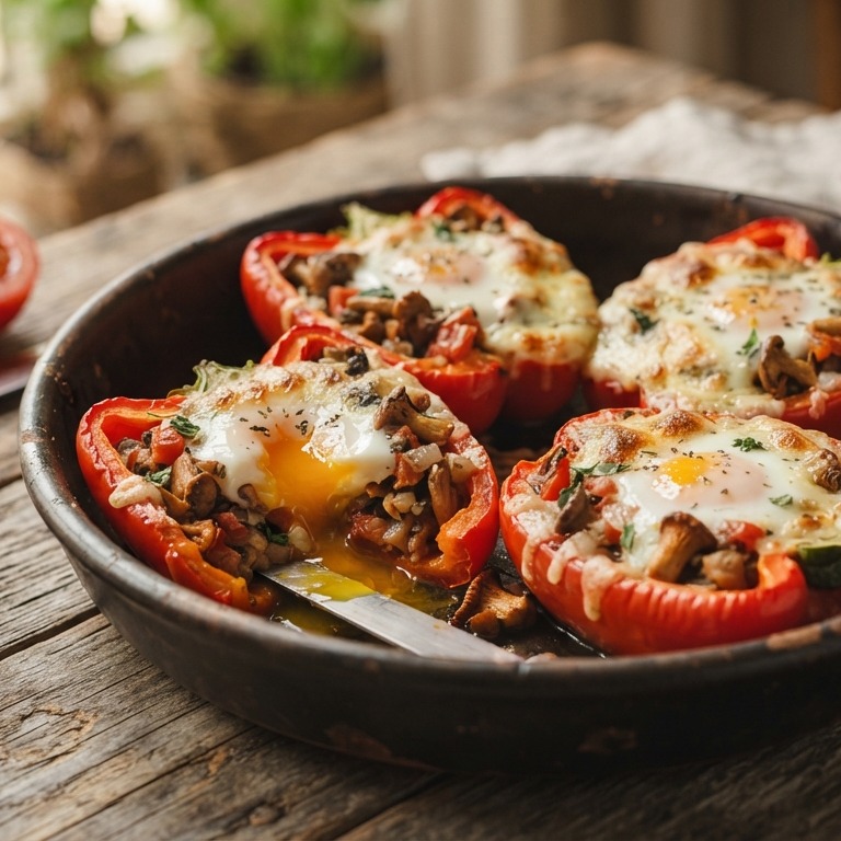 Gevulde paprika met kaas, champignons, ei, tomaat, uitjes en paprika