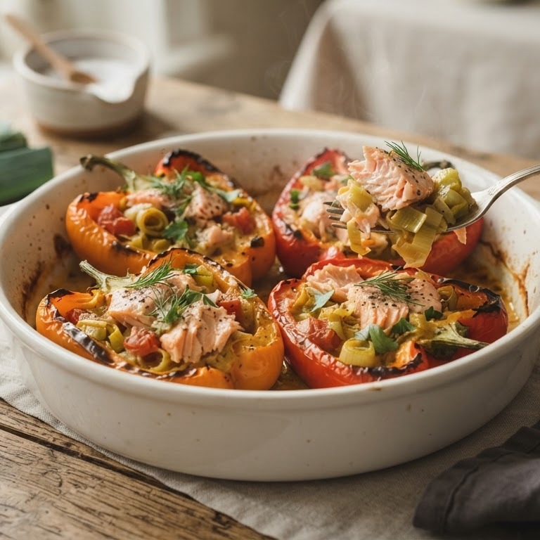 Gevulde paprika met zalm, tomaat, uitjes en prei