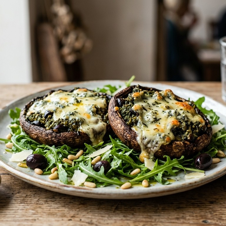 Gevulde portobello met pesto en  blauwe kaas