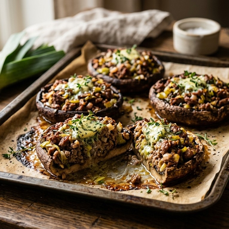 Gevulde portobello met rundergehakt, prei , sjalotjes en knoflook
