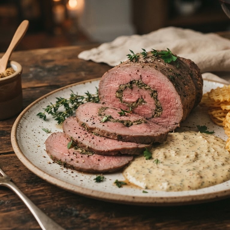 Gevulde rosbief met mosterdsaus en aardappelwafeltjes