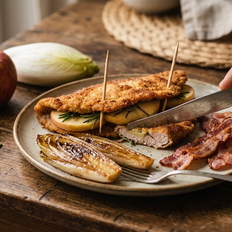 Gevulde schnitzel met appel en witlof