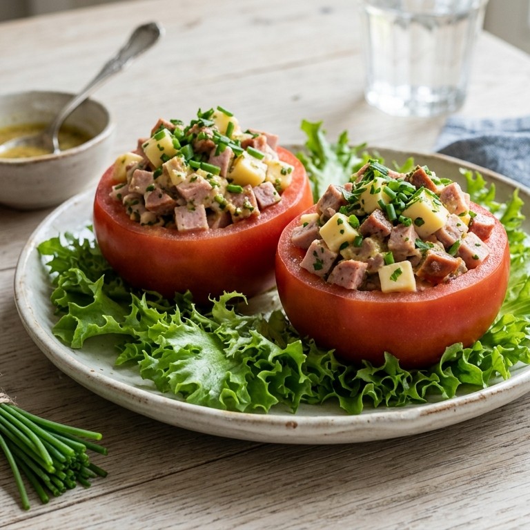 Gevulde tomaat met worst- kaassalade