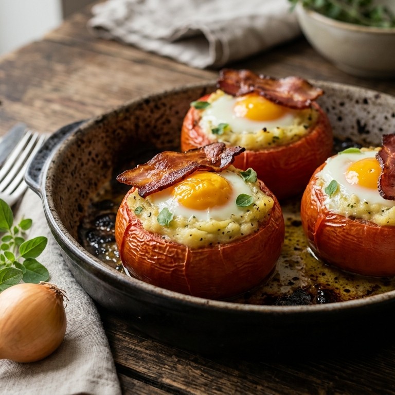 Gevulde tomaten met aardappelpuree en ei