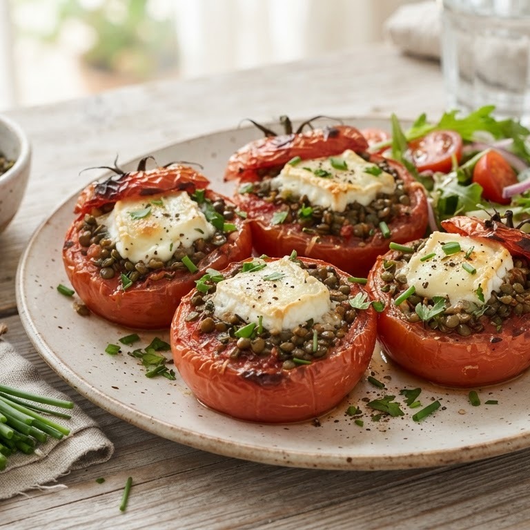 Gevulde tomaten met linzen en geitenkaas
