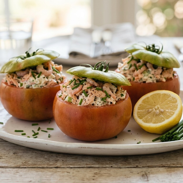 Gevulde tomaten met zalm en garnalen