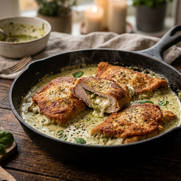 Gevulde varkensschnitzels met pestosaus