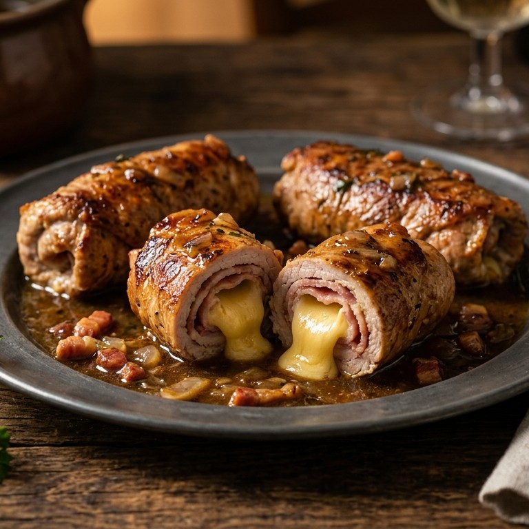 Gevulde vleesrolletjes met katenspek en kaas