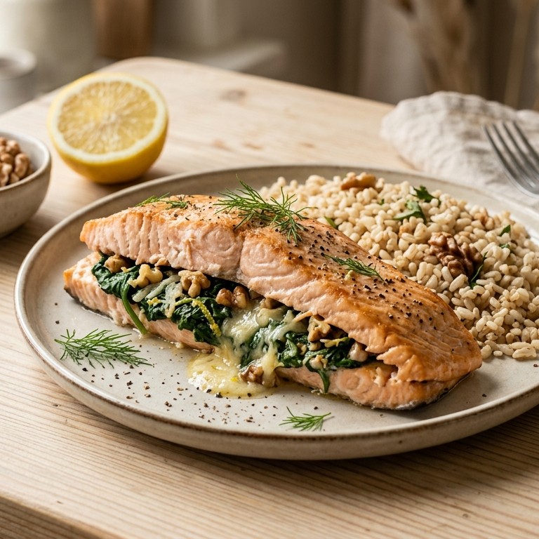 Gevulde zalm met walnoot en spinazie