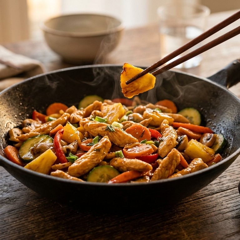 Gewokte kipreepjes met ananas en groenten