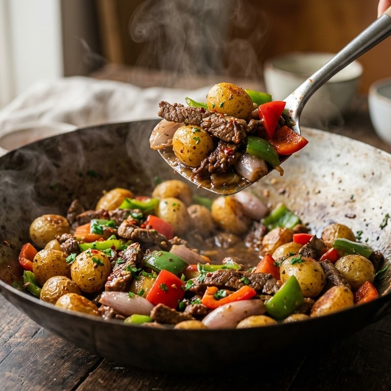 Gewokte krielaardappeltjes met rundvlees en paprika