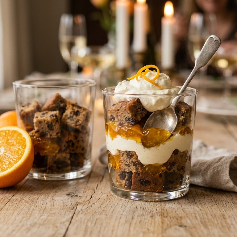 Glaasje rozijnencake met marmelade en slagroom