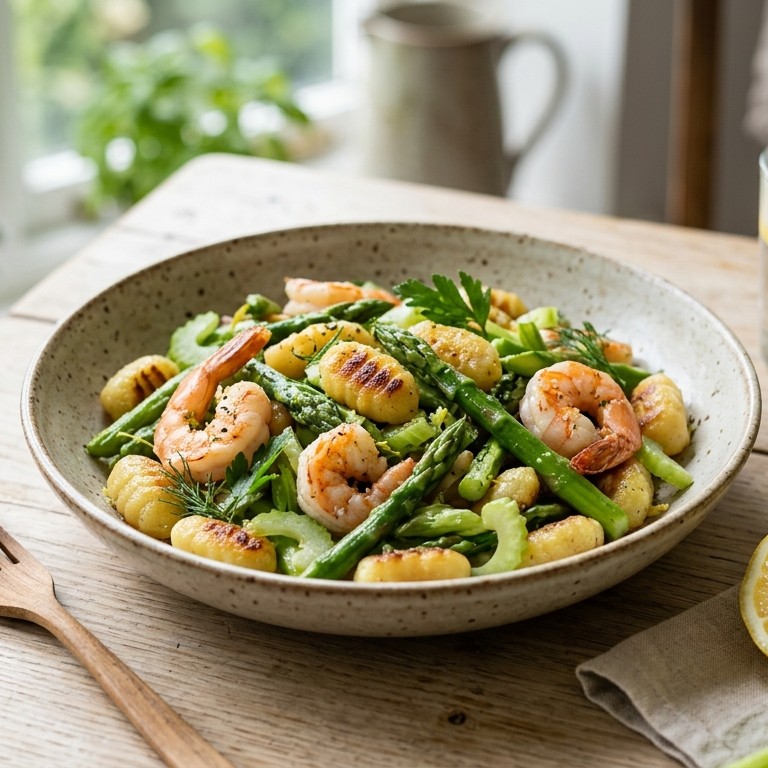 Gnocchi-salade met groene asperges en grote garnalen