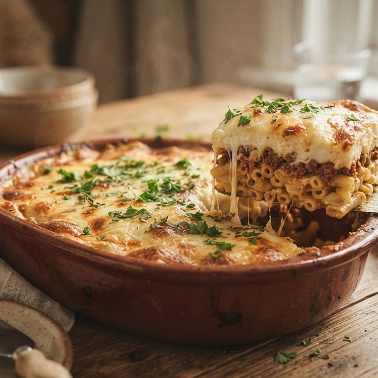 Griekse gehaktschotel met macaroni en kaas