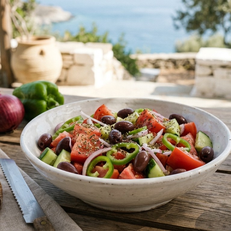 Griekse salade met paprika, tomaten, komkommer, rode ui en zwarte olijven