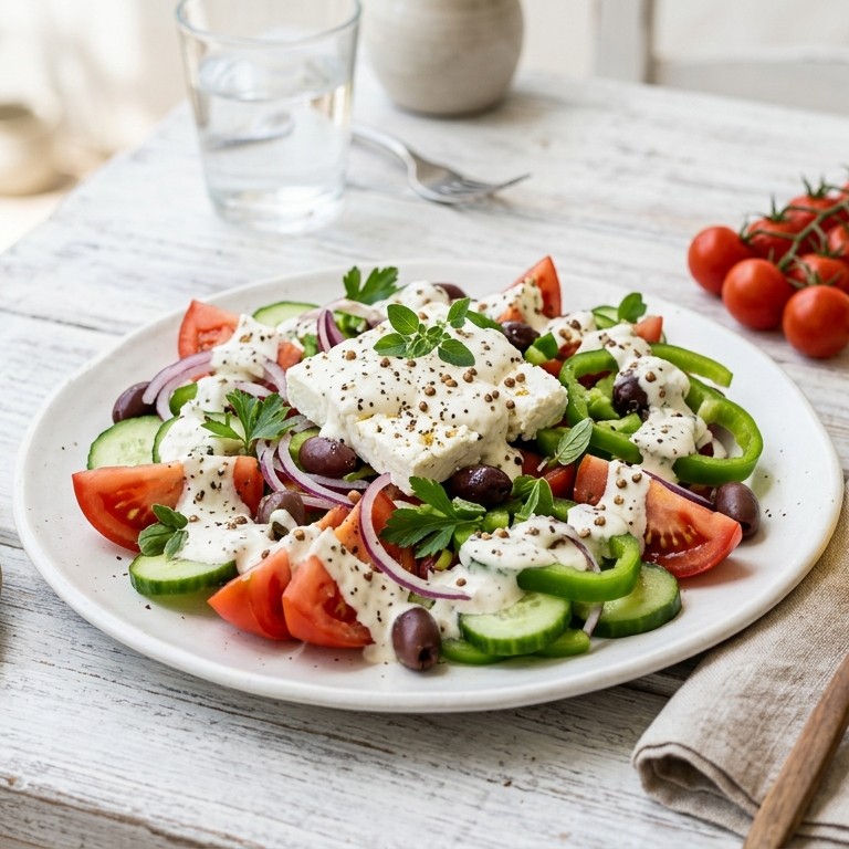 Griekse salade (modern) met fetavinaigrette