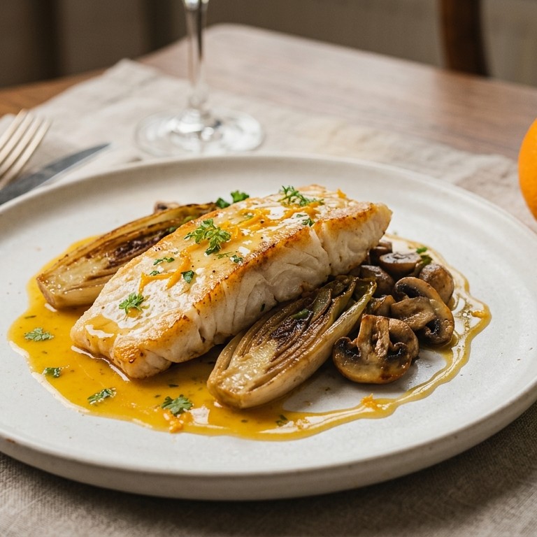 Grietfilet met sinaasappelsaus en gesmoorde witlof