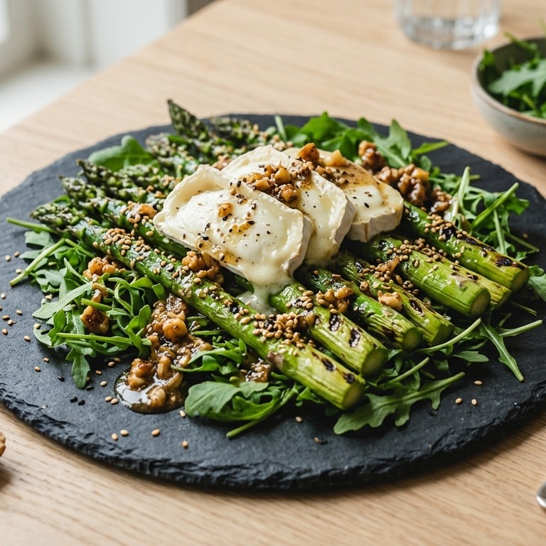 Groene asperges met sesamzaad, geitenkaas en notendressing