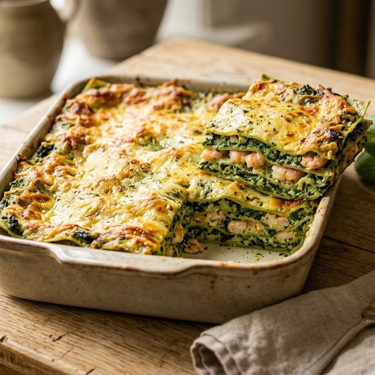 Groene lasagne met garnalen en pestosaus