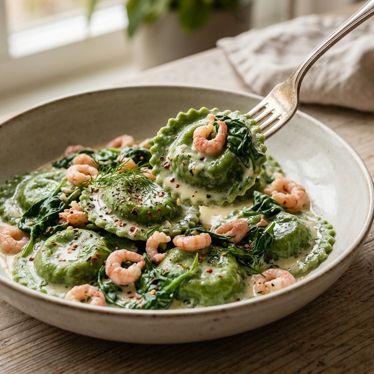Groene ravioli met spinazie en garnalen
