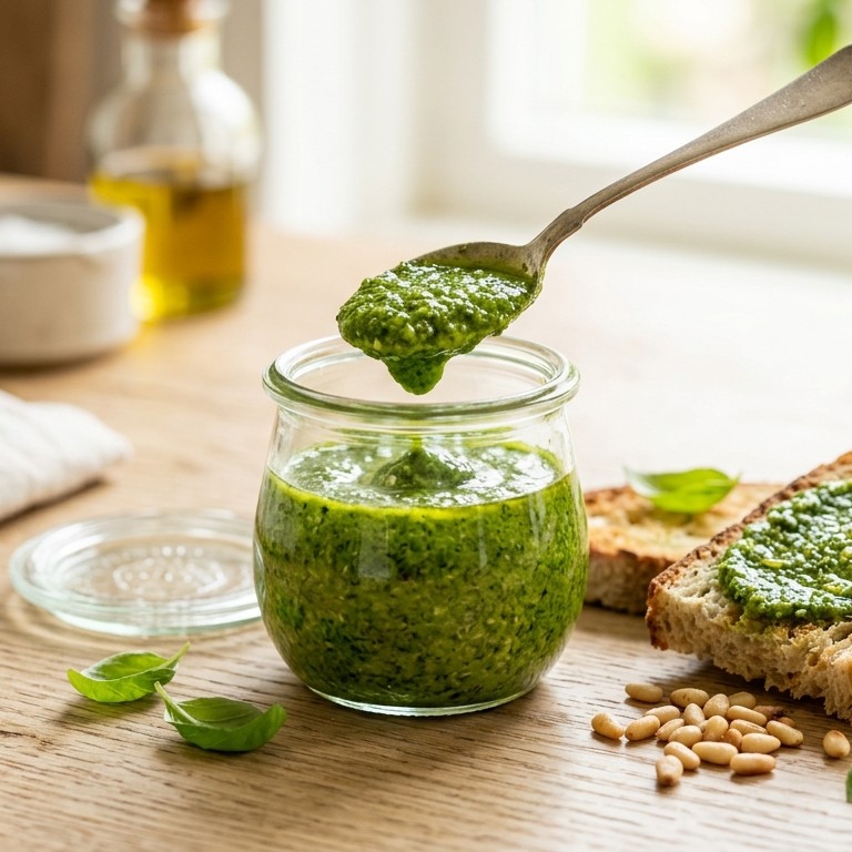 Groene saus met pijnboompitten, knoflook, basilicum en belegen kaas