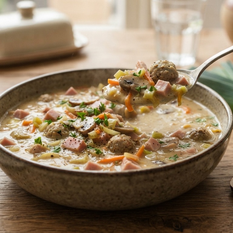 Groentensoep/Champignonsoep met hamblokjes