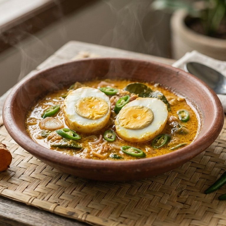 Gulai Telor Bebek (kokossausje met gepocheerde eendeneieren)