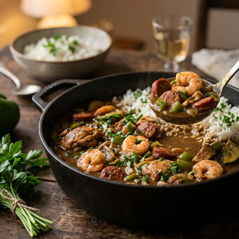 Gumbo met kip en worst en reuze garnalen