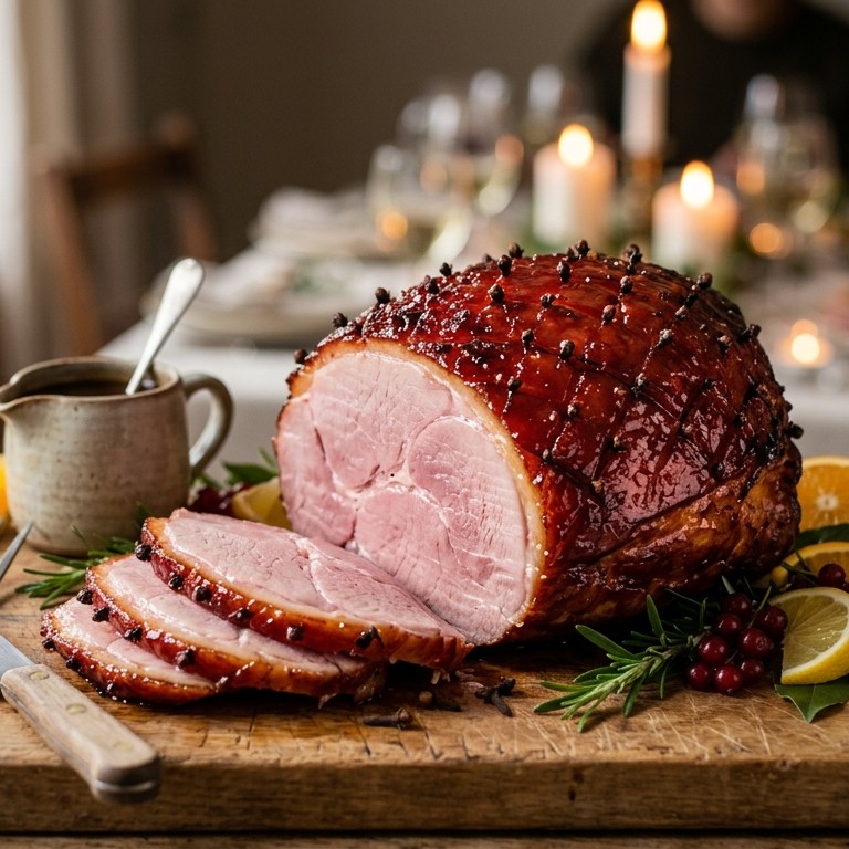 Ham geglazuurd met rode bessengelei in Madeirasaus