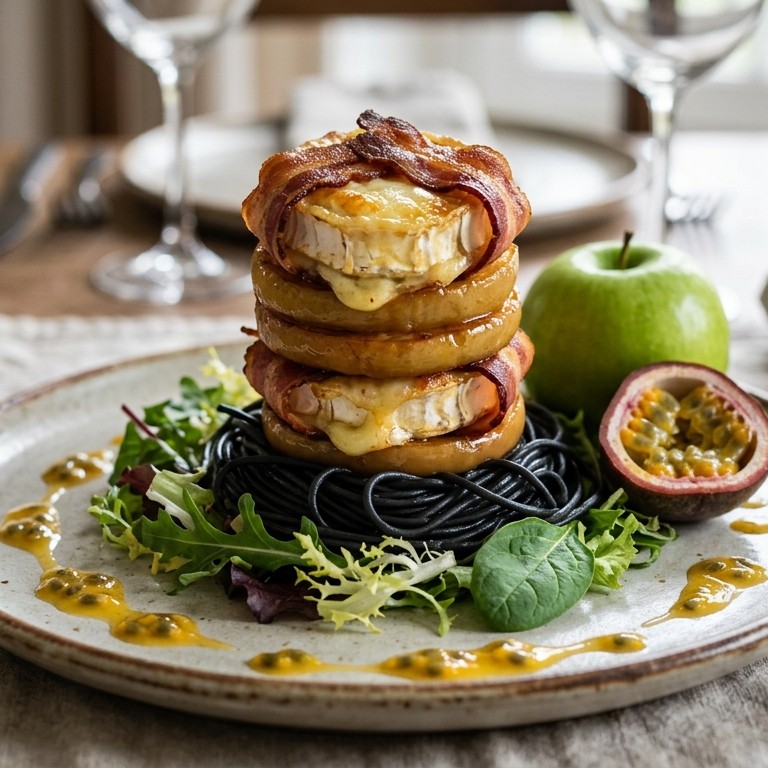 Hamburger van geitenkaas, spek, gebakken appel en een dressing