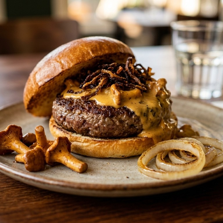 Hamburgers met gebakken uitjes en cantharellenroom