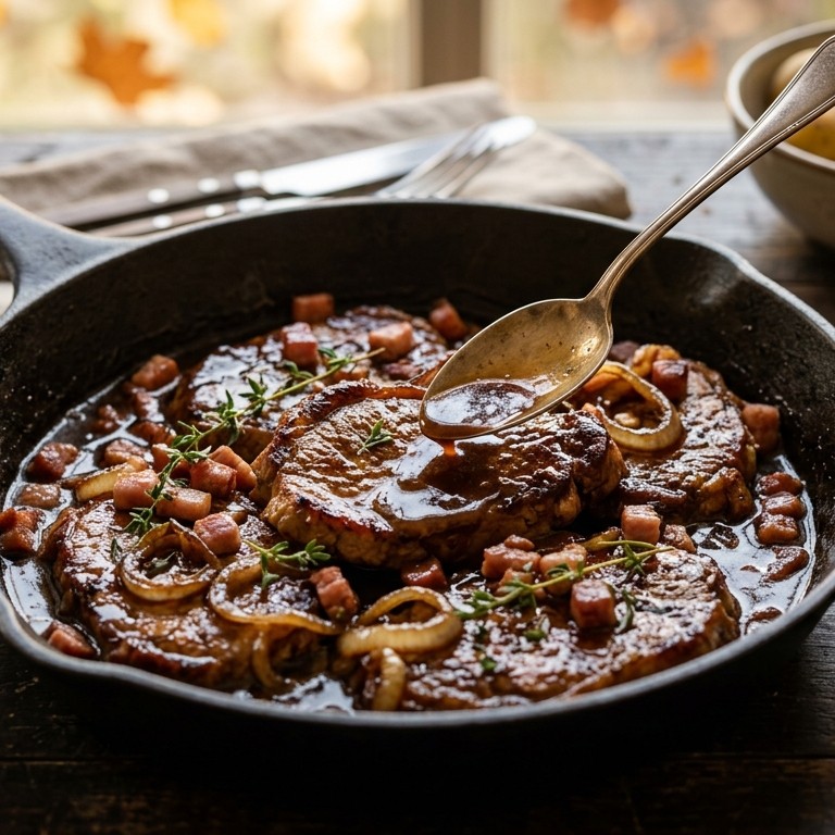 Hamlapjes in bokbier met spekjes en zuidvruchten
