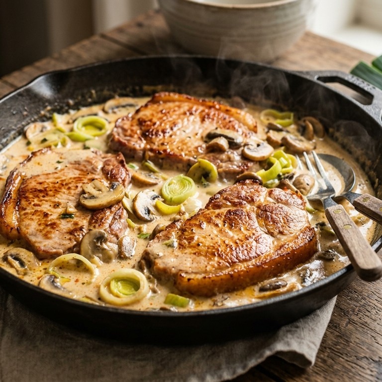 Hamlapjes met prei en champignons