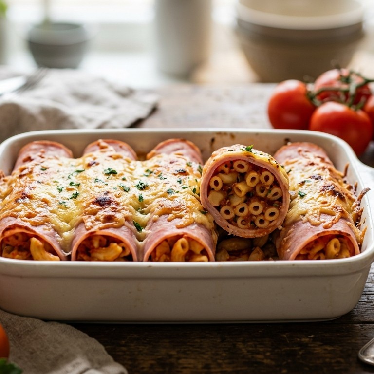 Hamrolletjes met macaroni en tomaat