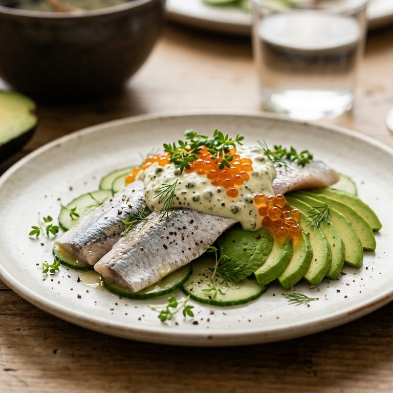 Haring met avocado en peperroomsausje