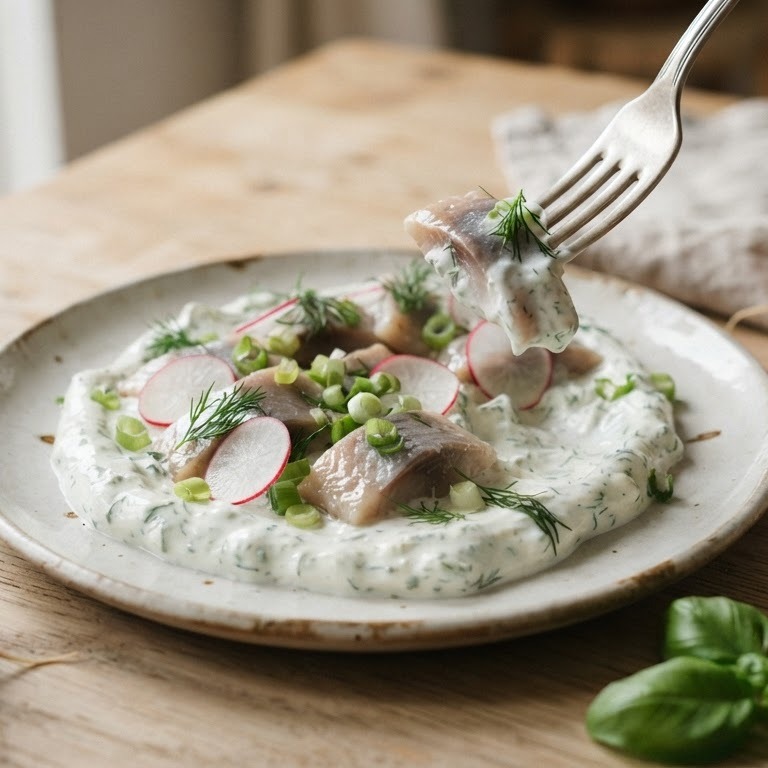 Haringsalade met dille-roomsaus, radijs en bosui