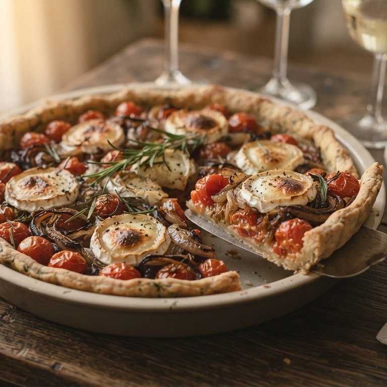 Hartige taart met tomaten, uien en geitenkaas
