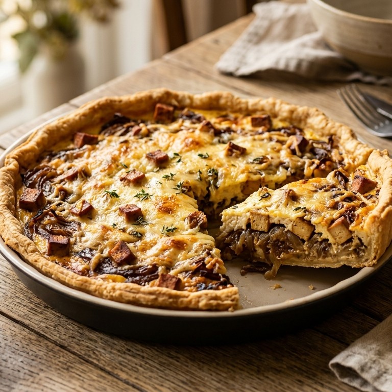 Hartige uientaart met gerookte tofoe